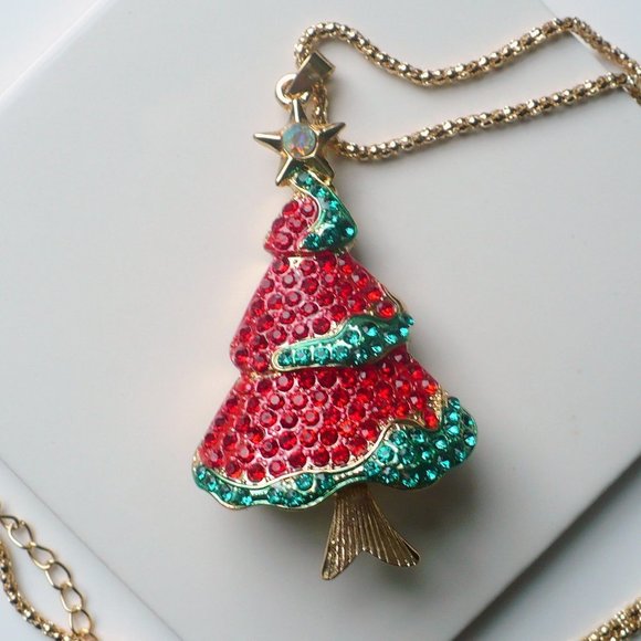 ❤️ NEW Christmas Necklace Red & Green Rhinestone Tree 24" Chain - Picture 2 of 5
